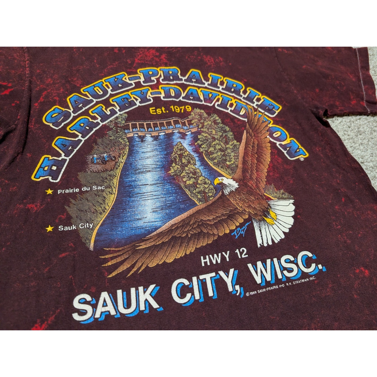 Harley Davidson T-Shirt Women M Maroon 1989 Sauk City Eagle Graphic Vintage 80s