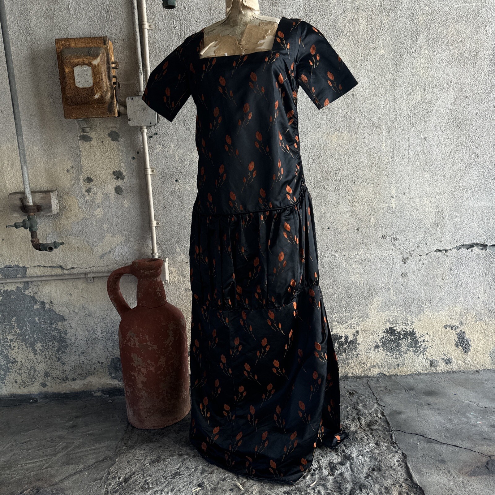 Antique 1920s Orange Tulip Silk Brocade Dress 1890s Fabric Full Length Vintage