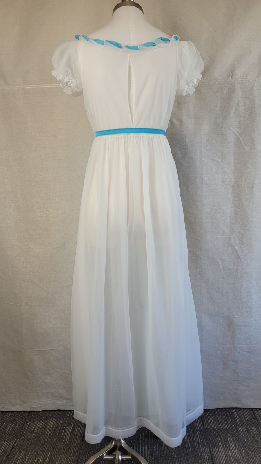 1960s exquisite sheer long white peignoir set with shirring & turquoise accents