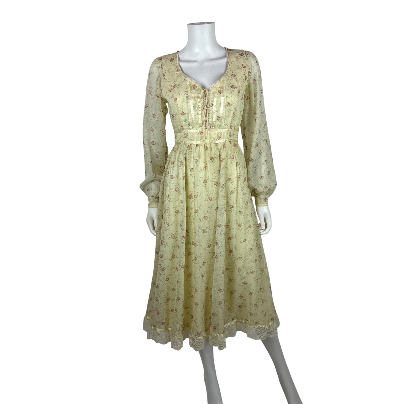 Vintage 70s Prairie Dress Womens Small Pink Rose Print Long Sleeve Gunne Sax