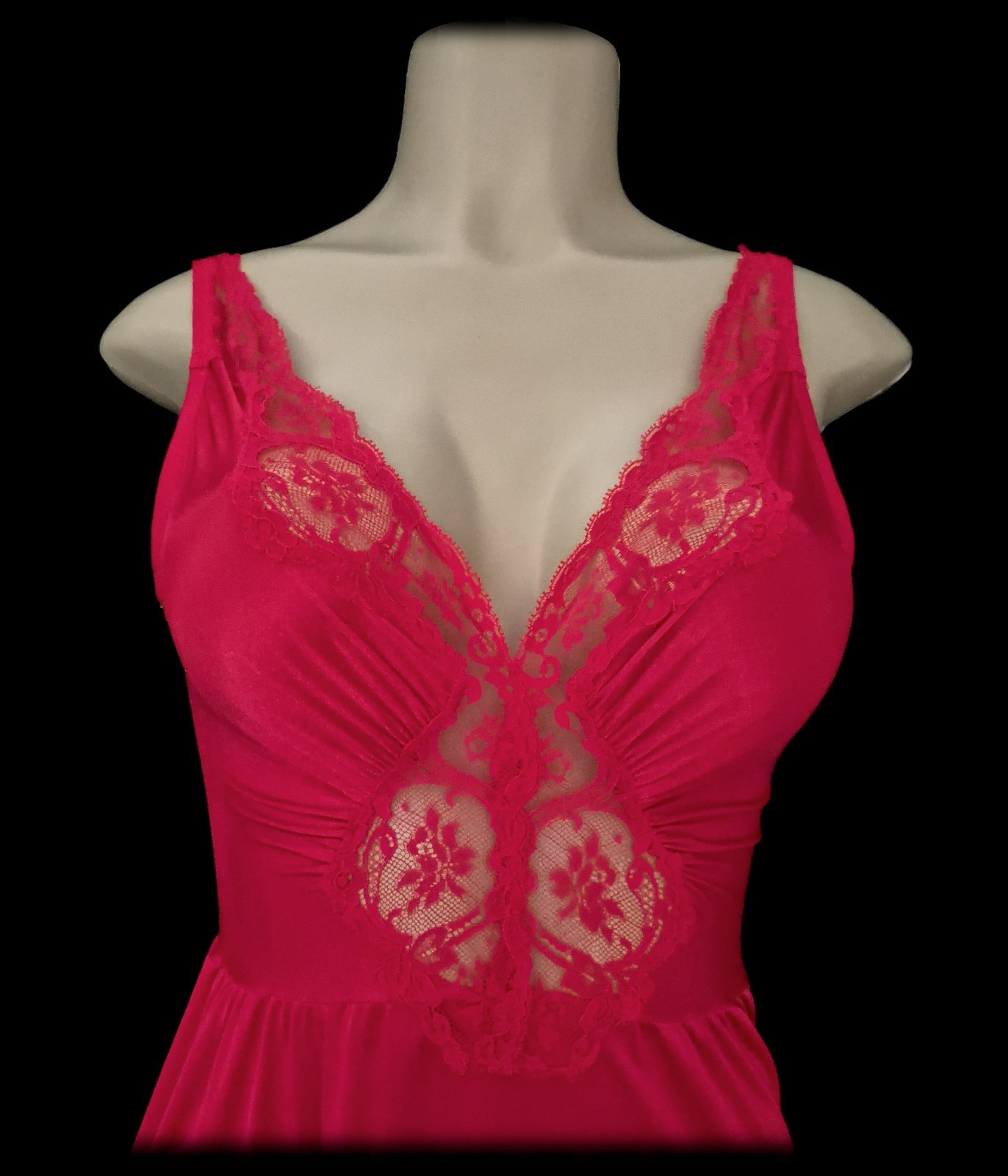 Vintage 80s OLGA Body Silk NYLON Nightgown SILKY Long Red GOWN Full Sweep LACE M