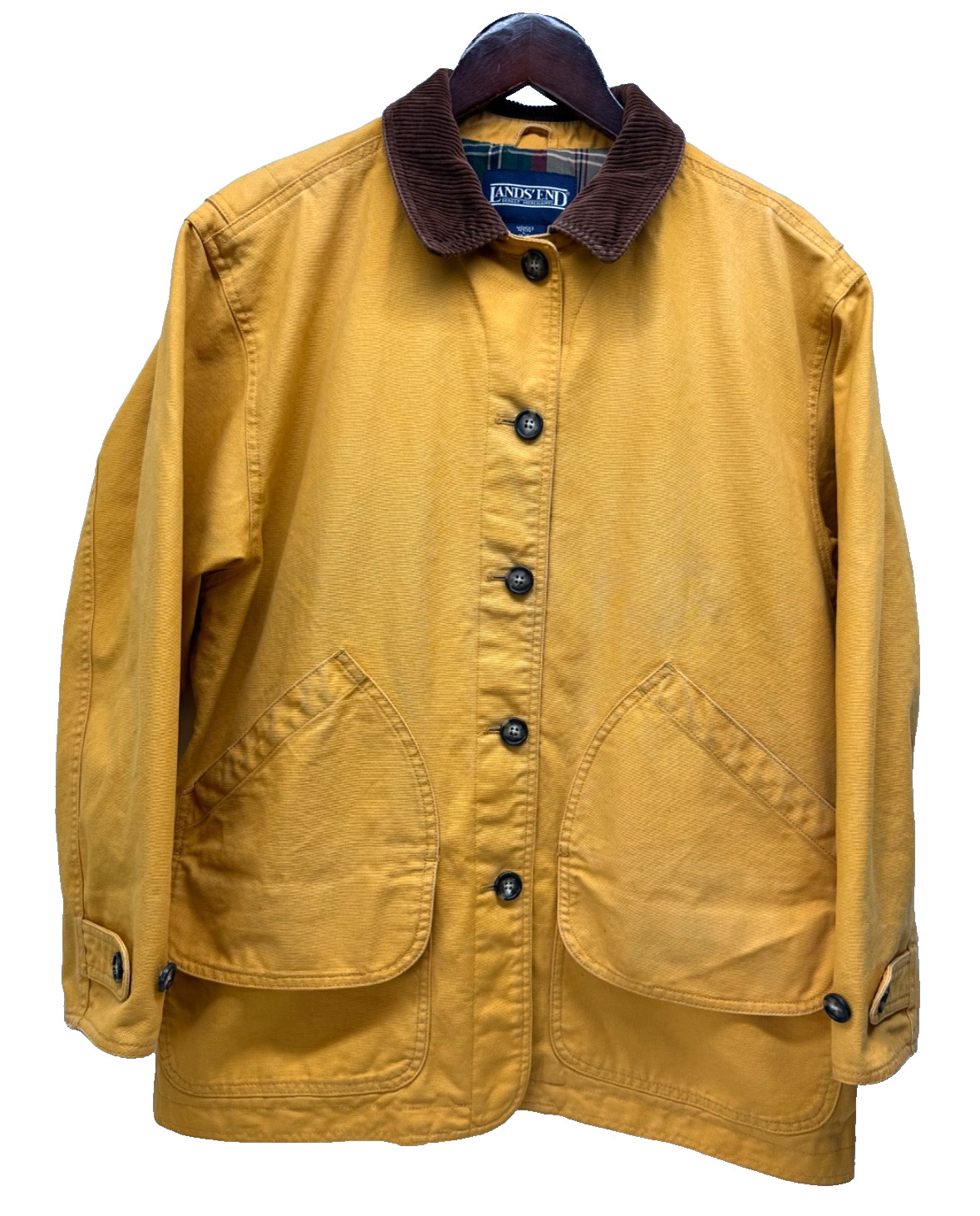 Vtg LANDS END Womens Large Petite Mustard Yellow Canvas Plaid Lined Chore Jacket