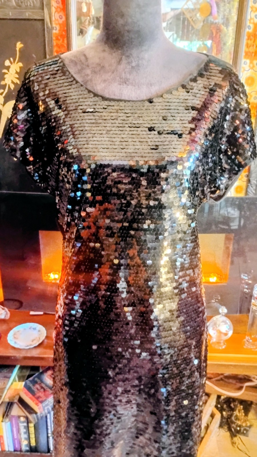 OSNT Rocker Star Alfani Sequined Festival Noir Shift Soft Flowing Belt Dress L