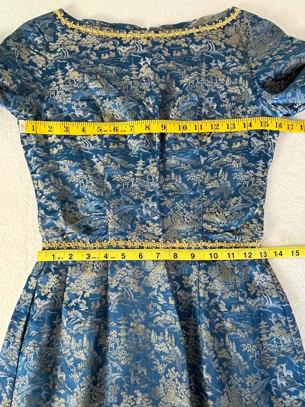 Vintage 50s Gold Jacquard Brocade Dress Womens S Blue Cocktail Talon Zip