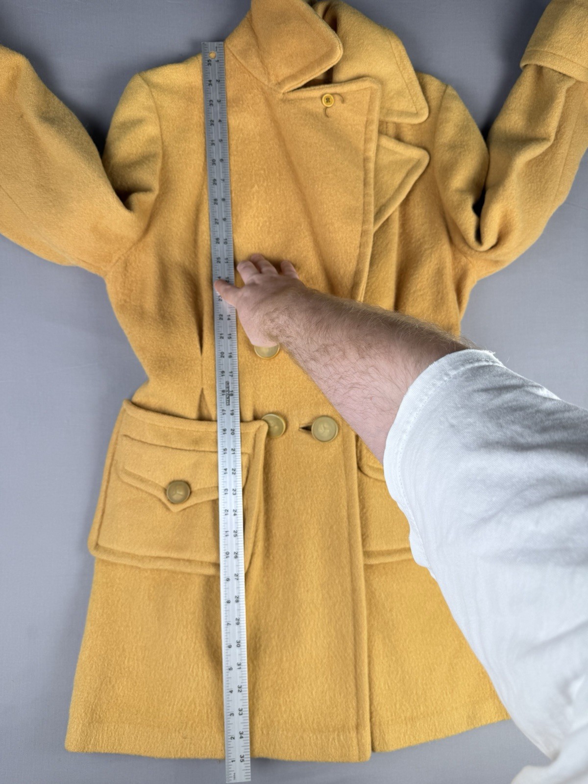 60’s VINTAGE Yellow Wool Double Breasted Women’s Pea Coat Size Medium Half Belt