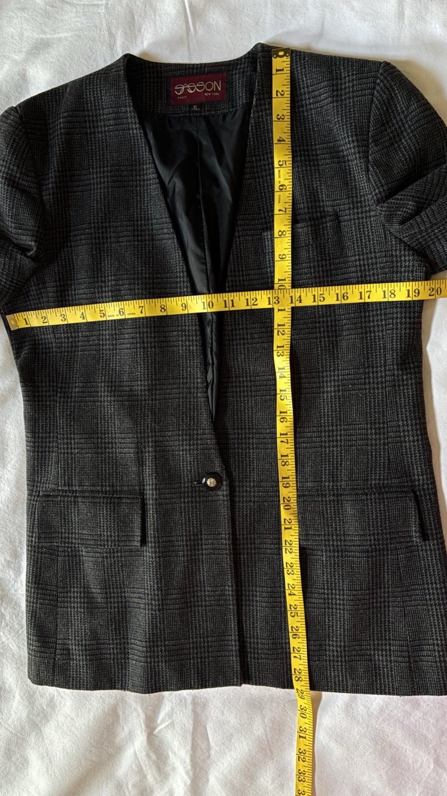 Sasson Paris NY Blazer Jacket Gray Plaid One Button Lined Womens Size 10