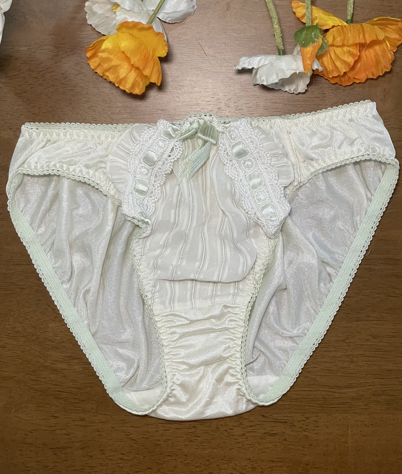 Pale Green Polyester Nylon Silky Panty Vtg Sheer Hi Cut White Lace Briefs Sz.6/M
