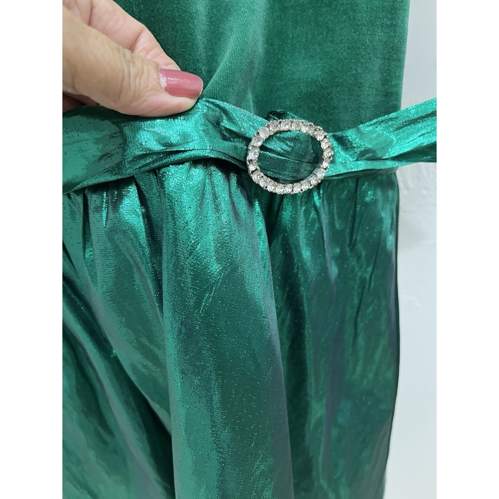 Tobael Vintage Dress Women Size 8 Green Good Velvet Metallic Puffed Sleeve 8464
