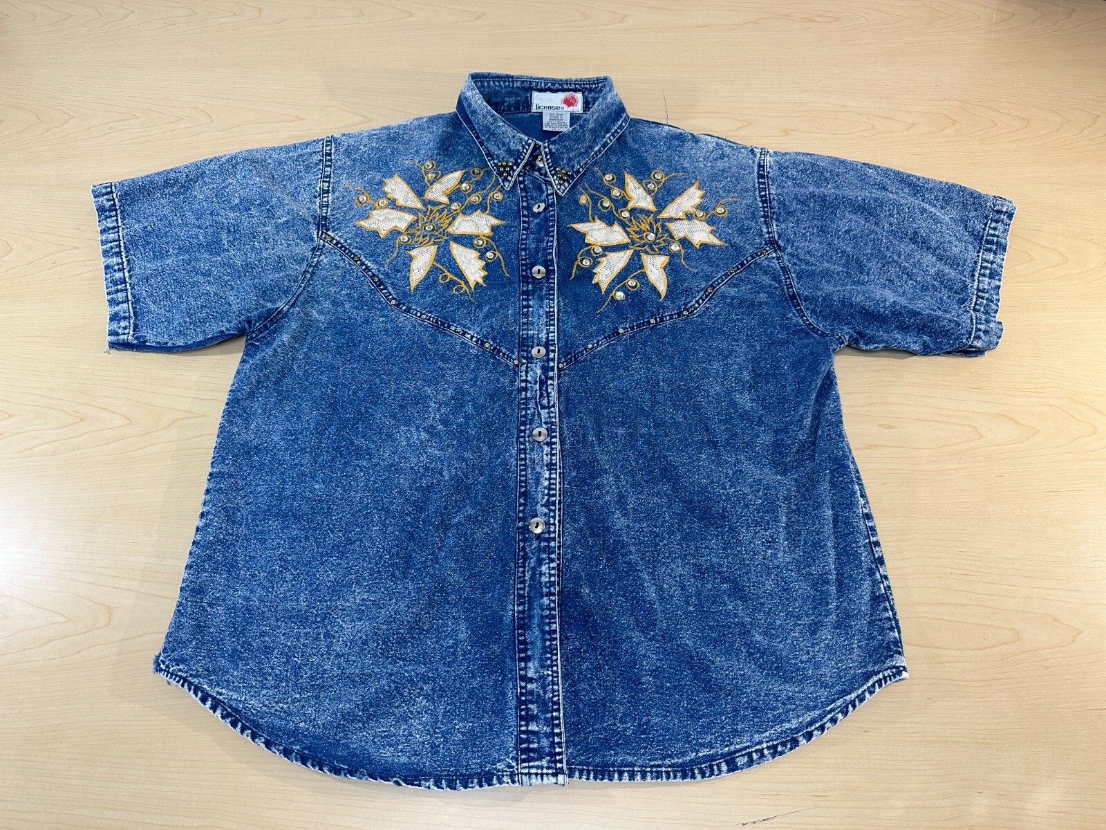 VTG Denim 100% Cotton Shirt with Lace, Embroidery and Bead Accents Sz L
