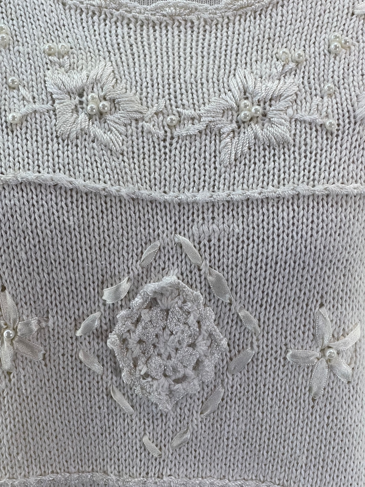 Bonnie and Bill Vintage Cream Scallop Edge Lace, Ribbon & Pearl Knit Sweater, 2X