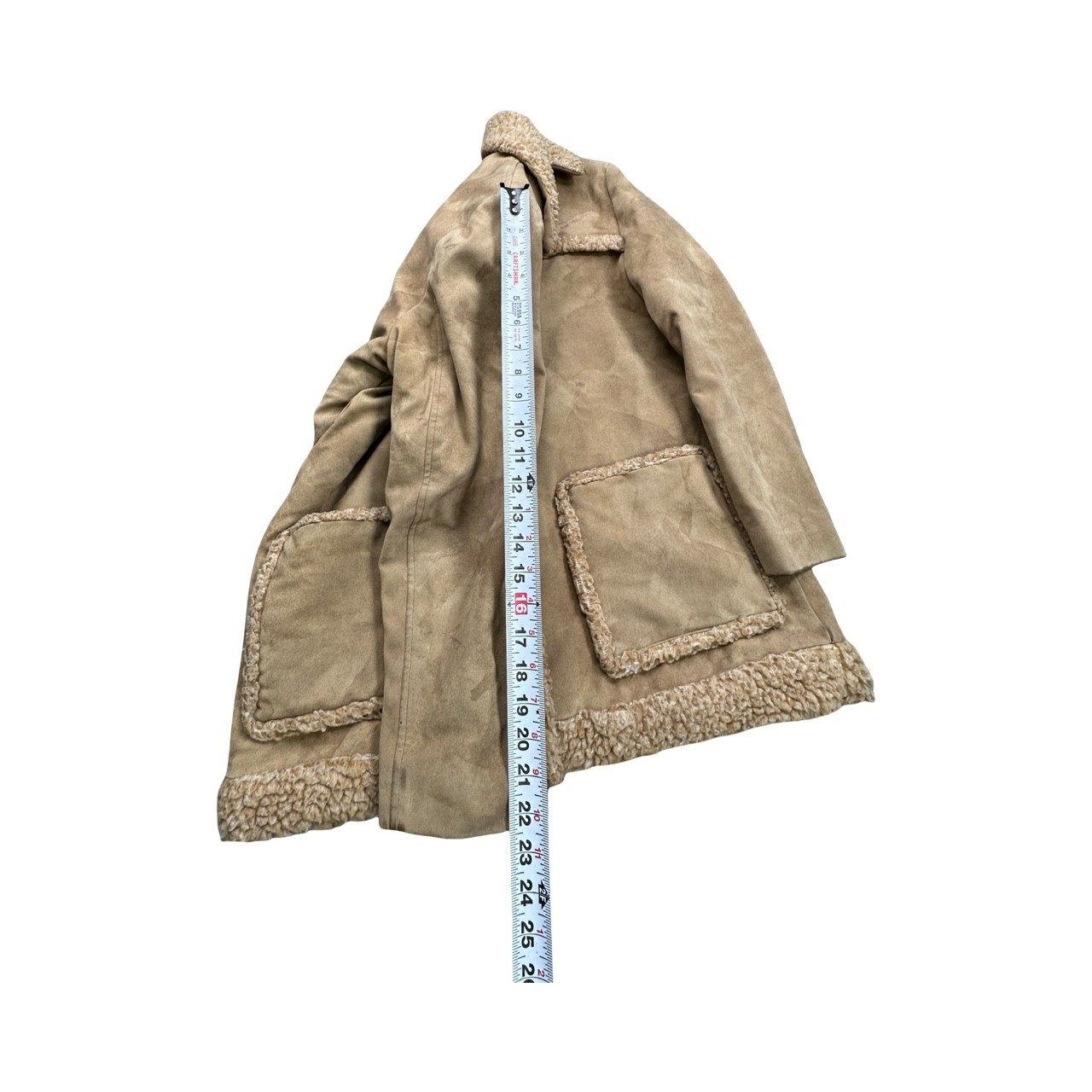 Fingerhut Fashions Coat Women 16 Tan Faux Suede Sherpa Trim Vintage 70s Boho USA