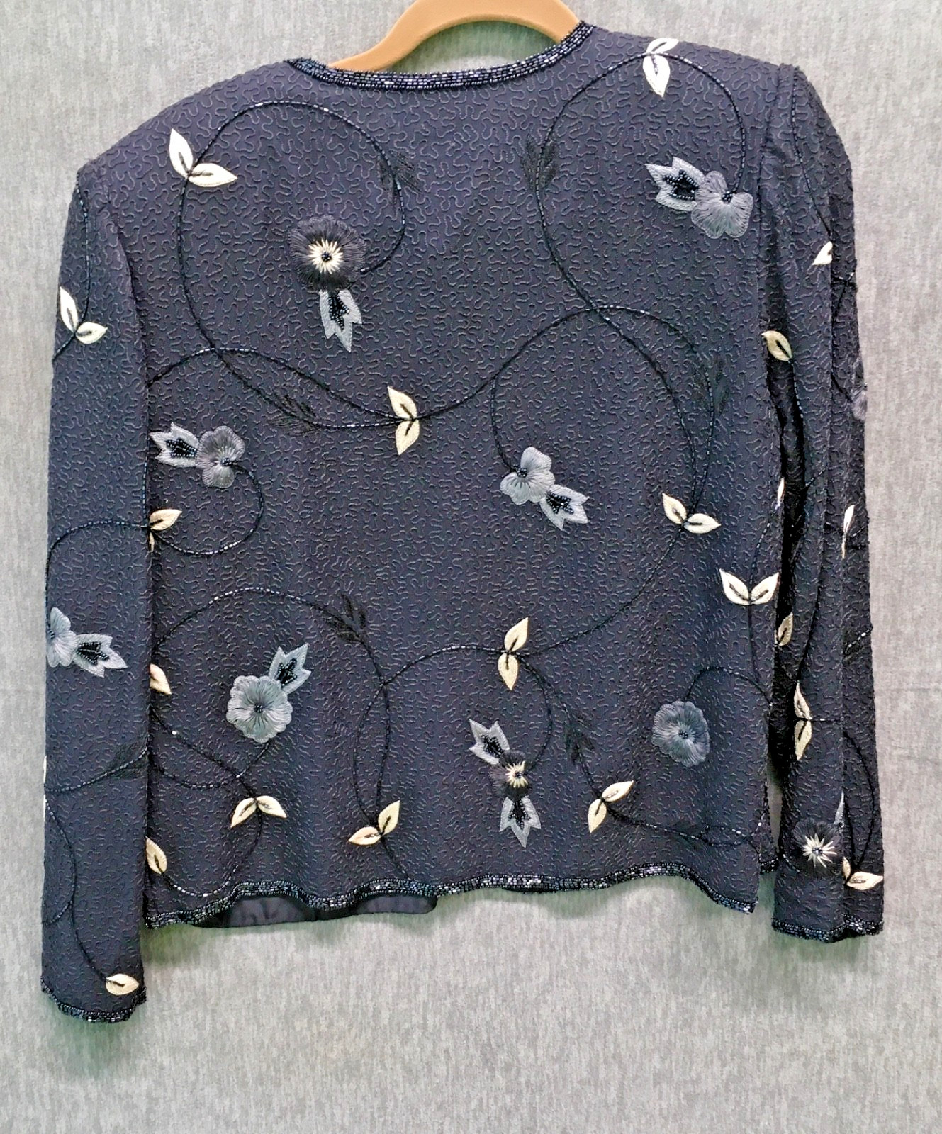 Adrianna Papell Evening Womens 12 Grey Beaded Sequin 100%Silk Long Sleeve Jacket