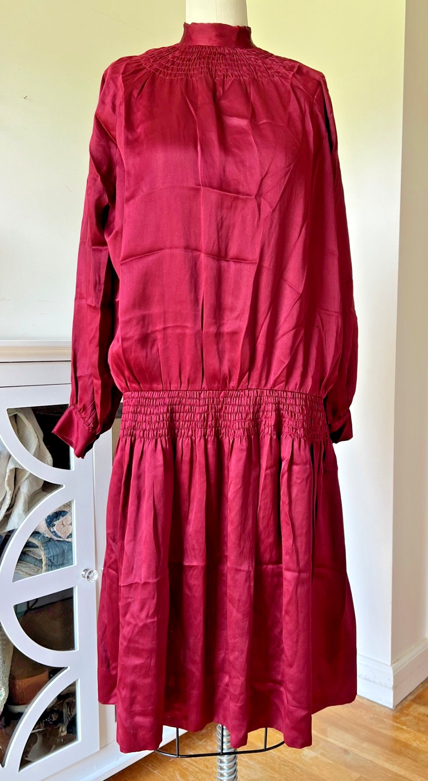 Antique 1920s Silk Drop Waist Dress Wine Red Flapper Long Sleeve Widder Bros SM