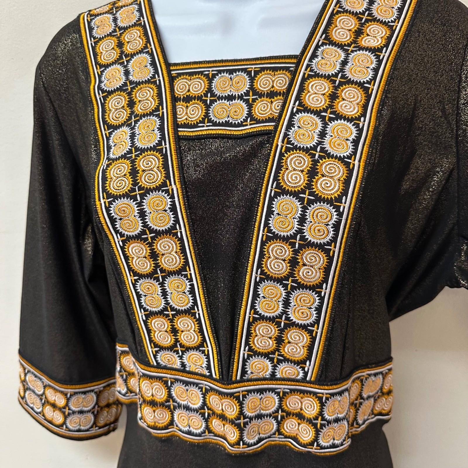 Vintage 90s Black Metallic Gold Embroidered Trim Fit Flare Tie Back Dress L