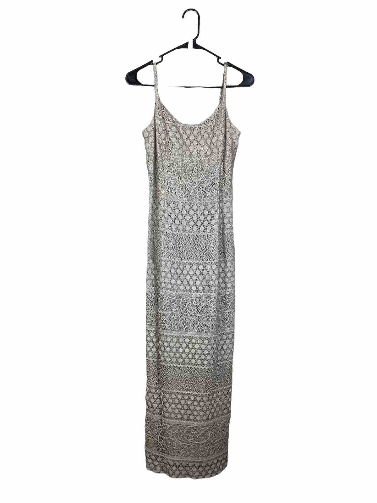 Vintage Y2K Dress Bari Jay Gold Mesh Overlay Sequin Strap Maxi Slip Size 3/4