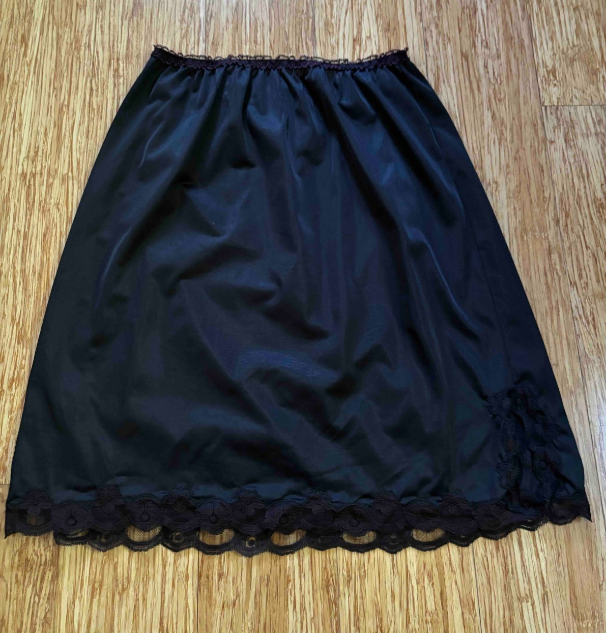 Vintage Black Nylon Half Slip Avian Large ILGWU USA Lace Trim Goth Cottage