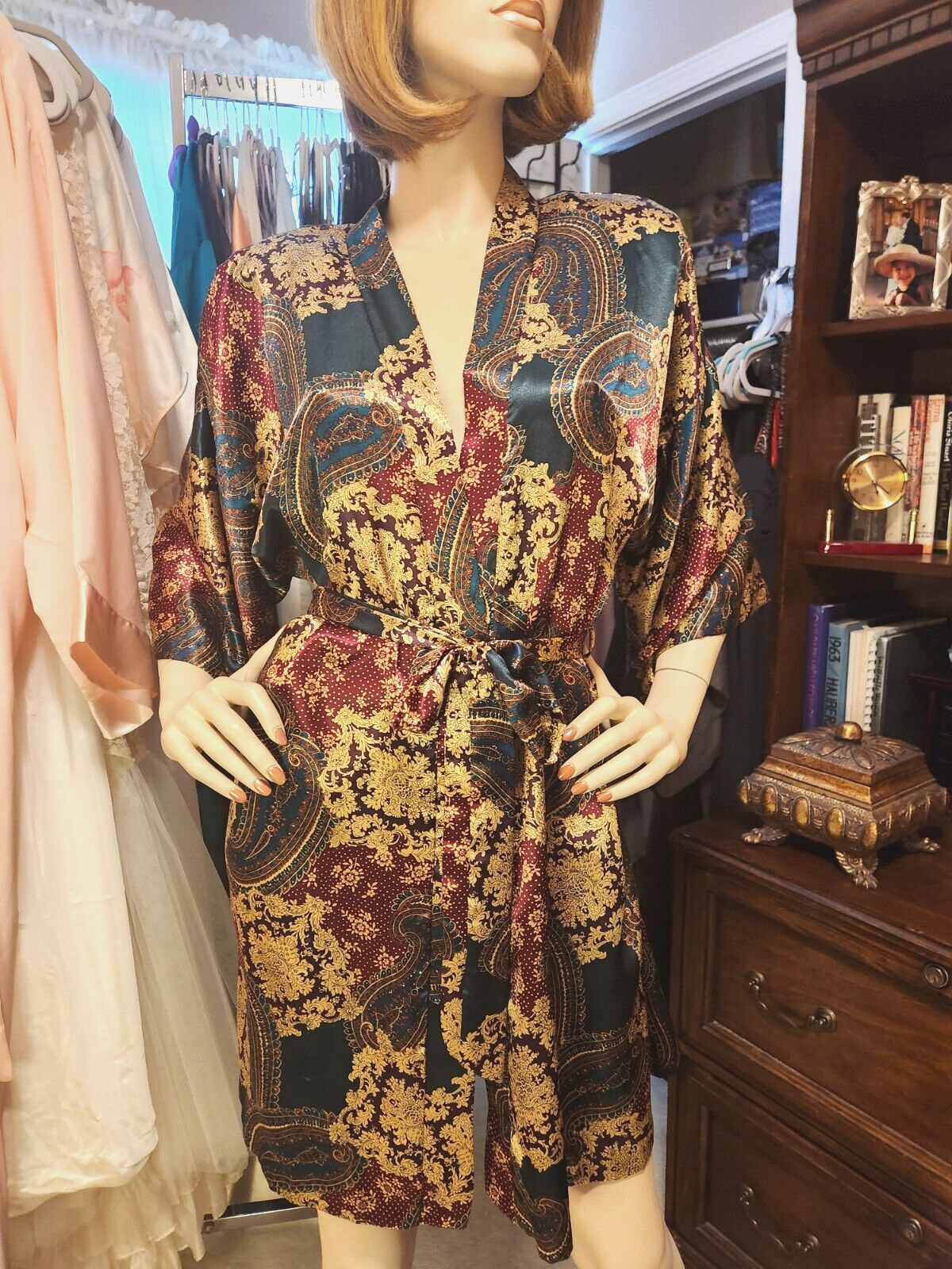Vtg Sz L California Dynasty Shiny Green Wine Multi Paisley Satin Wrap Robe