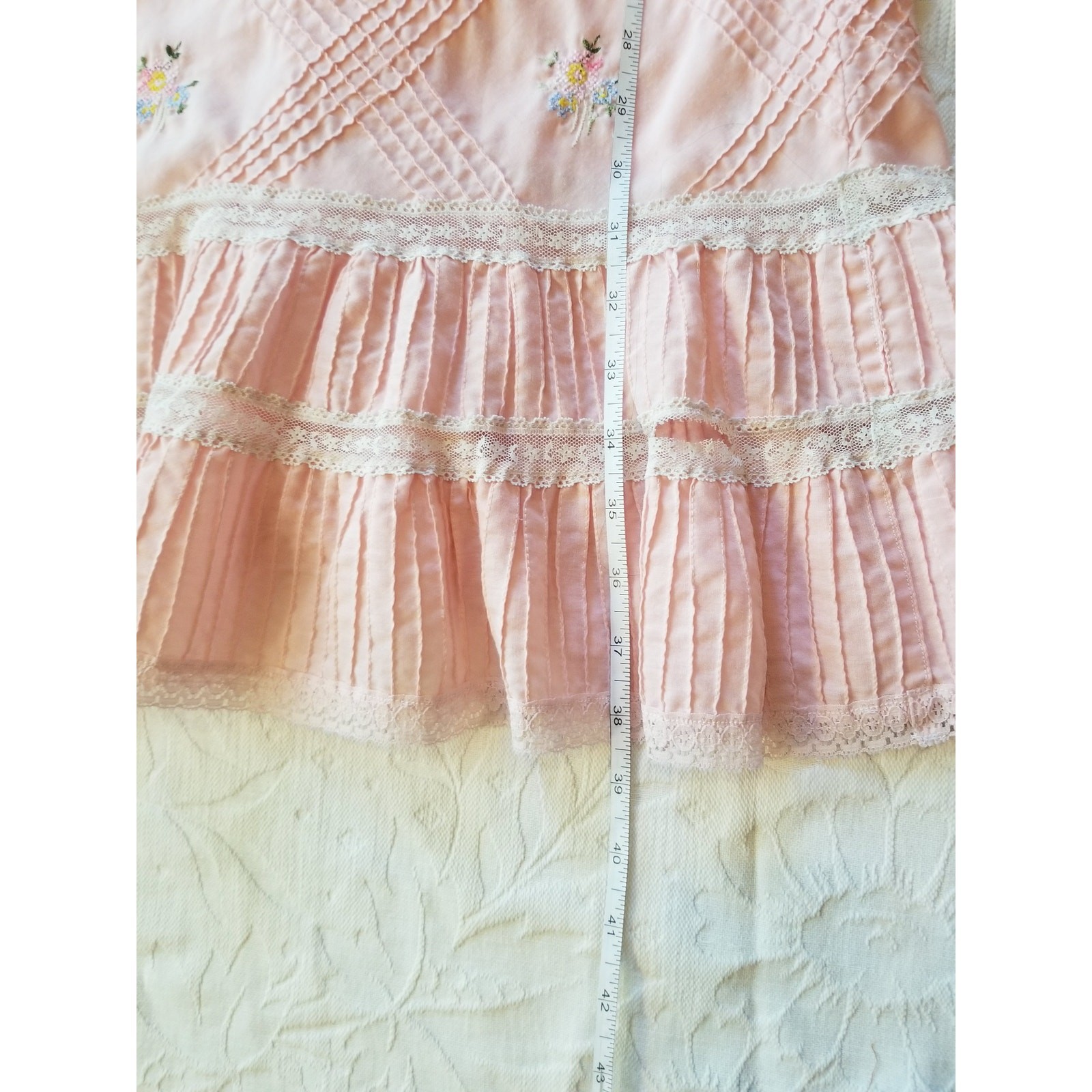 Vintage 70s Pink Drop Waist Dress | Pastel Floral Cross Stitch & Pintucks (S)