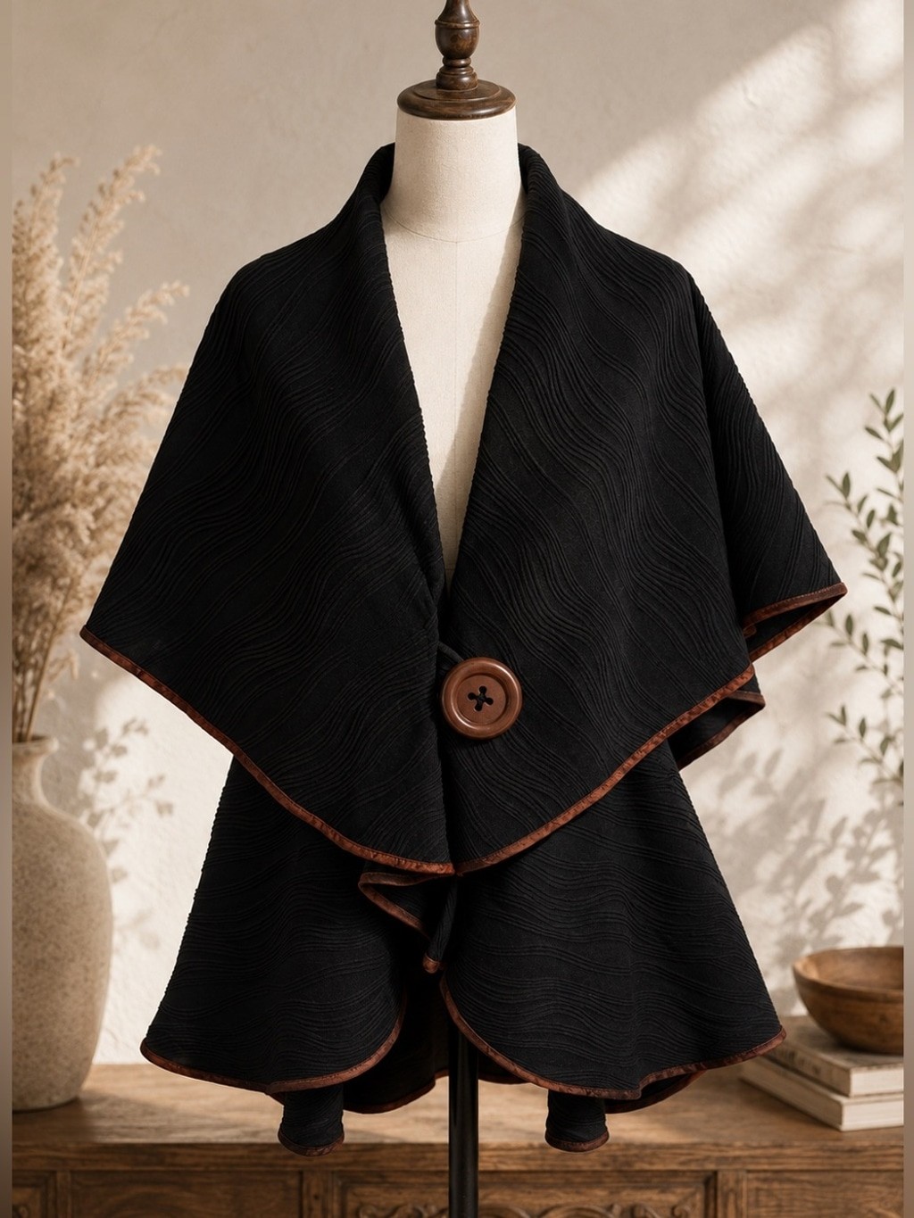 Vintage Song & Sung Black Textured Cape Jacket Button Closure Made USA Small