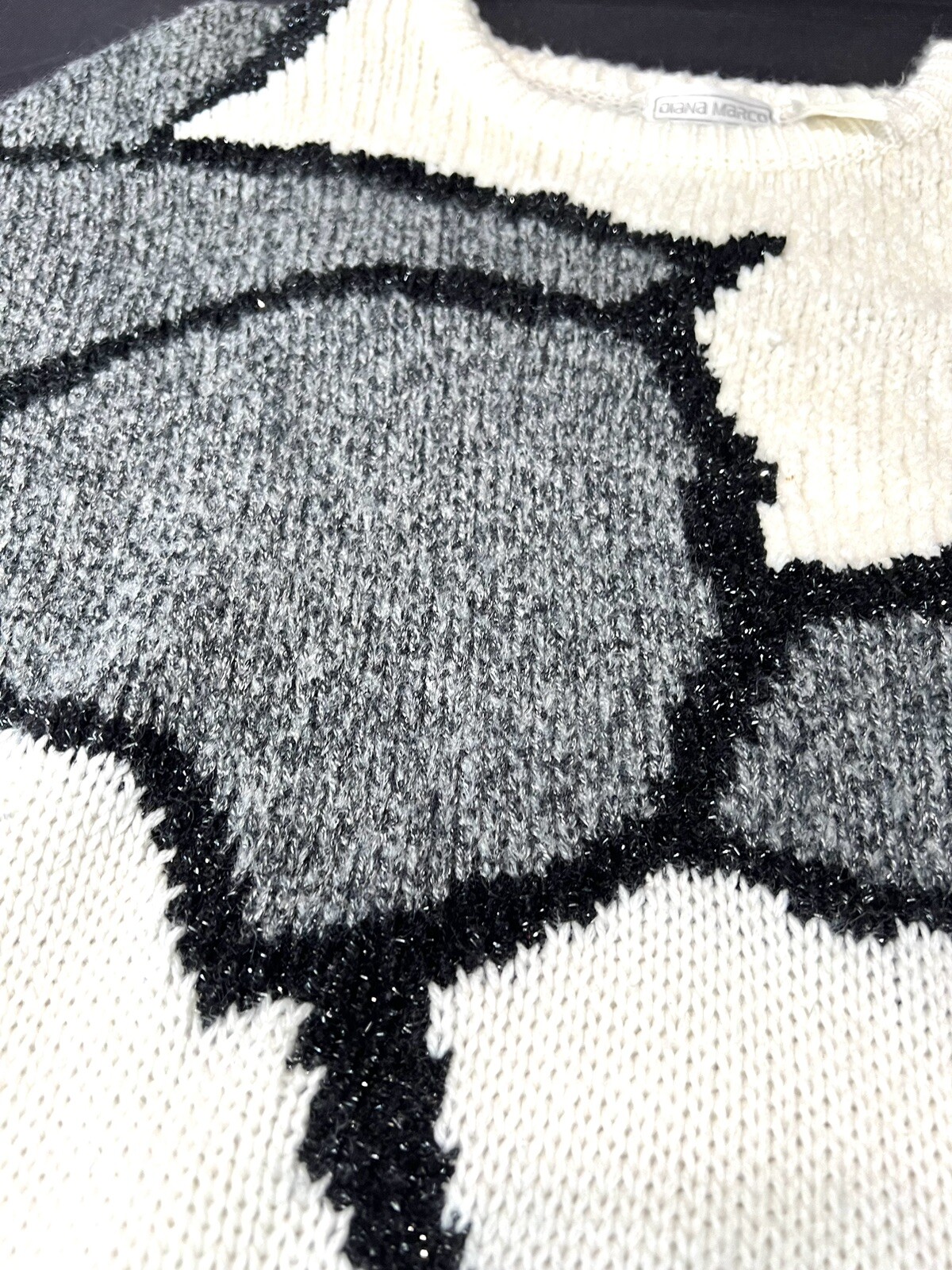 Vintage Diana Marco Sweater Womens Large Cream Gray Black Sparkle Grandma EUC