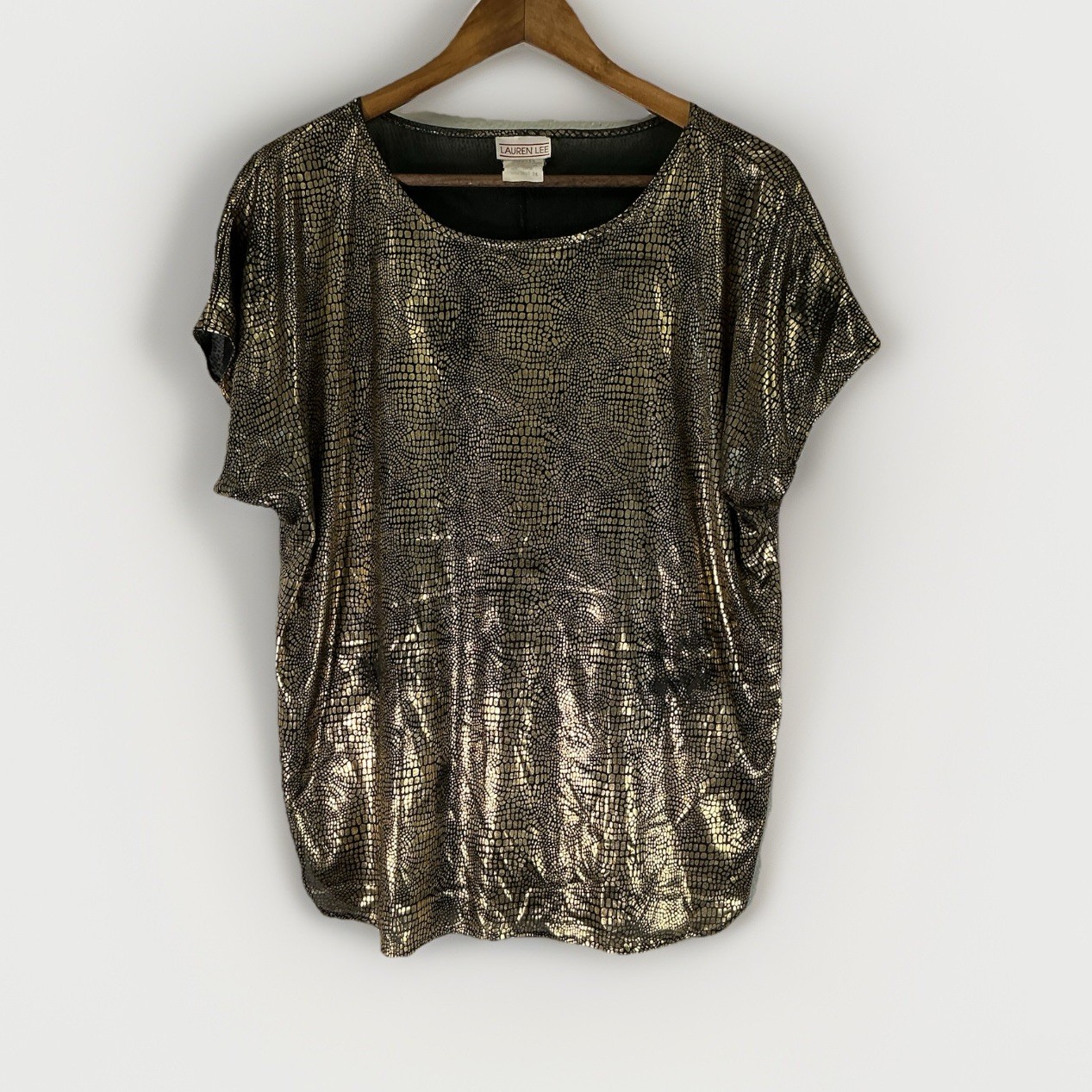 Vintage Top Lauren Lee Women Large 80s Disco Shiny Gold Black Made USA