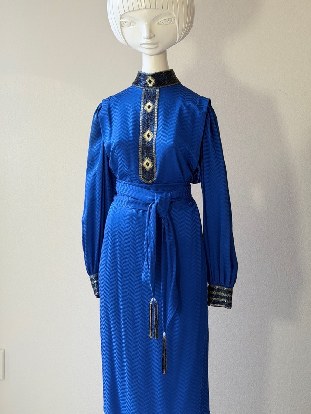 Vintage Lillie Rubin Royal Blue rLong Sleeve Belted Midi Dress
