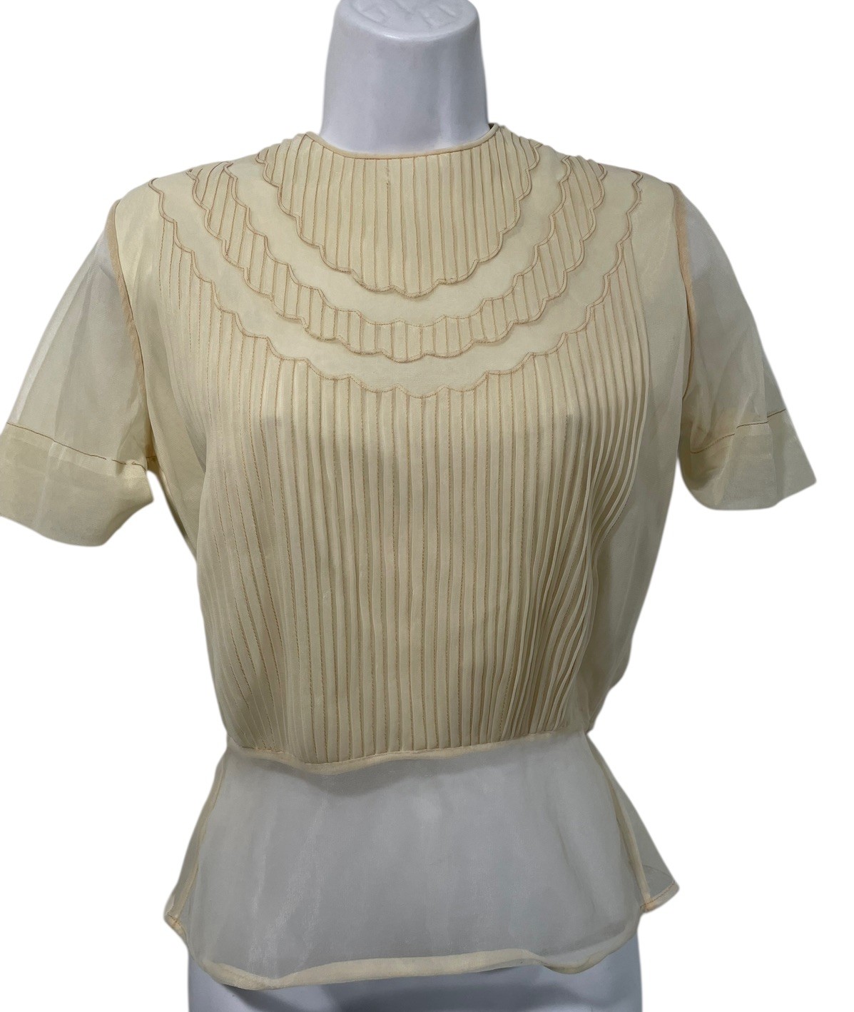 Vintage 50’s Penny Potter Sheer Blouse Micro Pleat Peplum Ivory Back Button Sz S