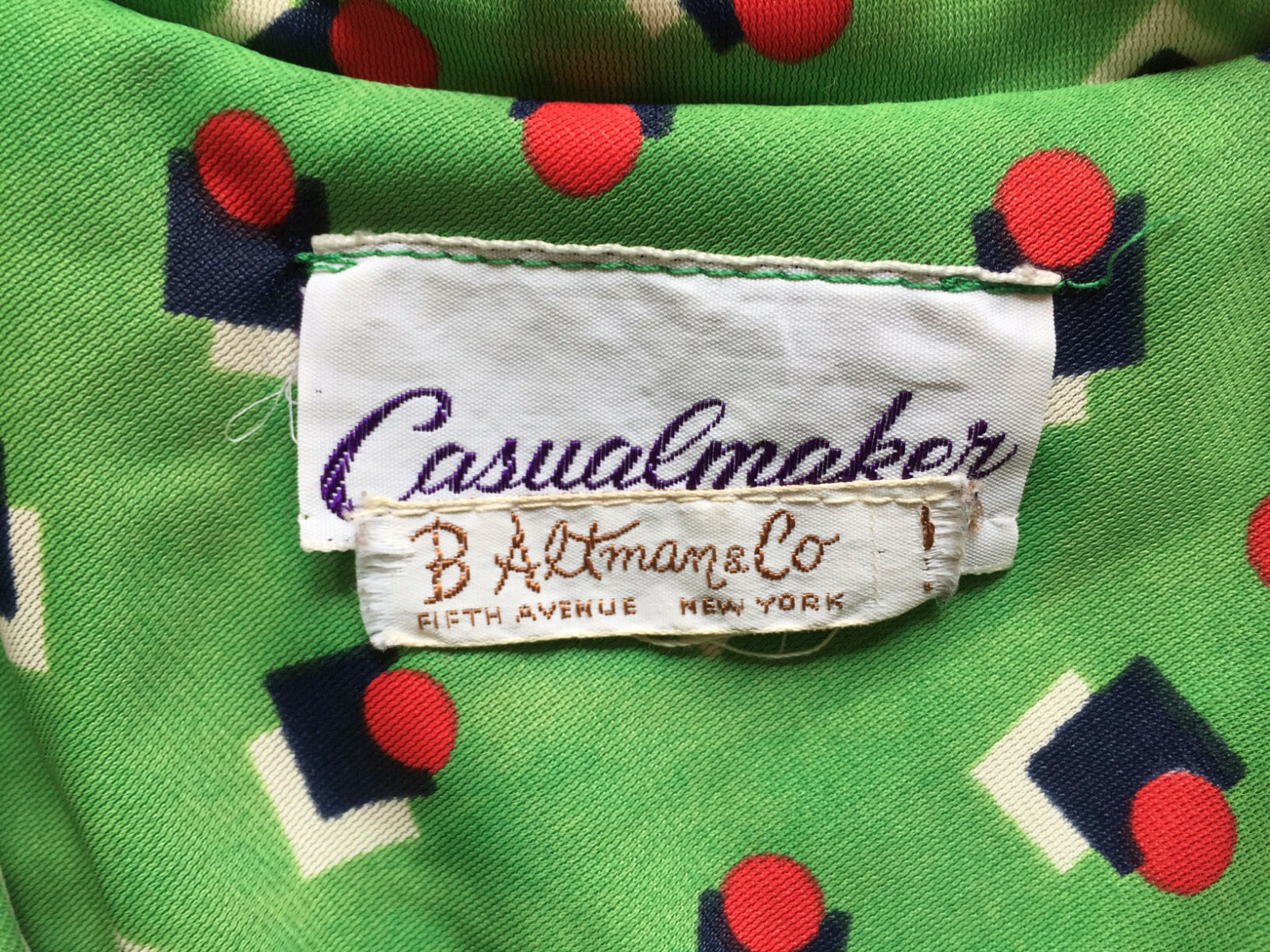 CASUALMAKER Vintage Day Dress Green Jersey Print B. ALTMAN Sz 6-8