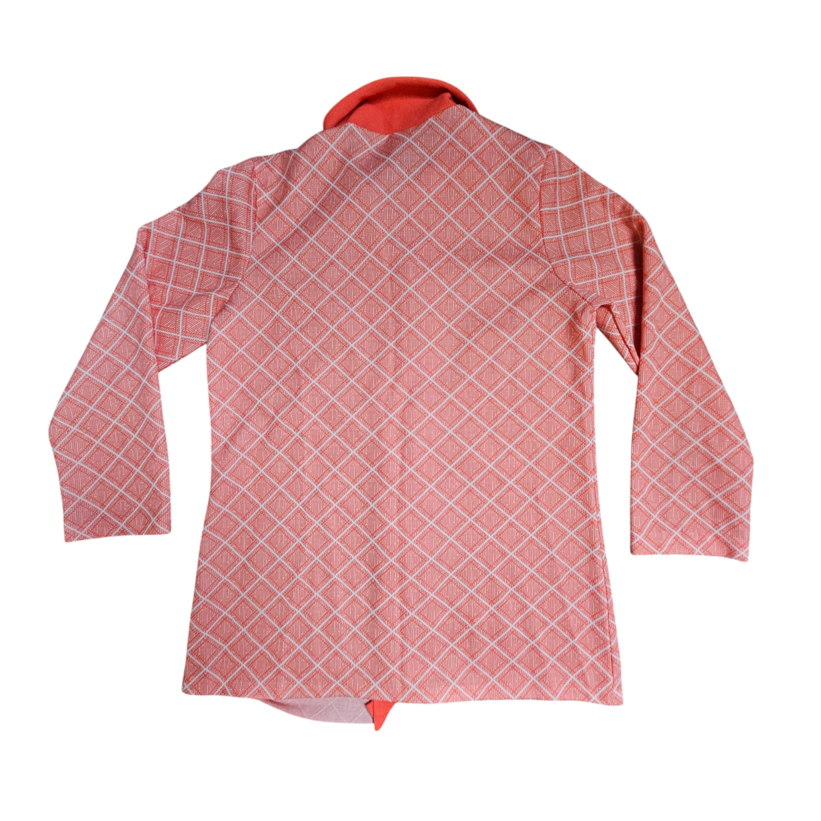 Vintage 70s Argyle Diamond Print Knit Button Up Blouse Top 14 Orange Disco Retro