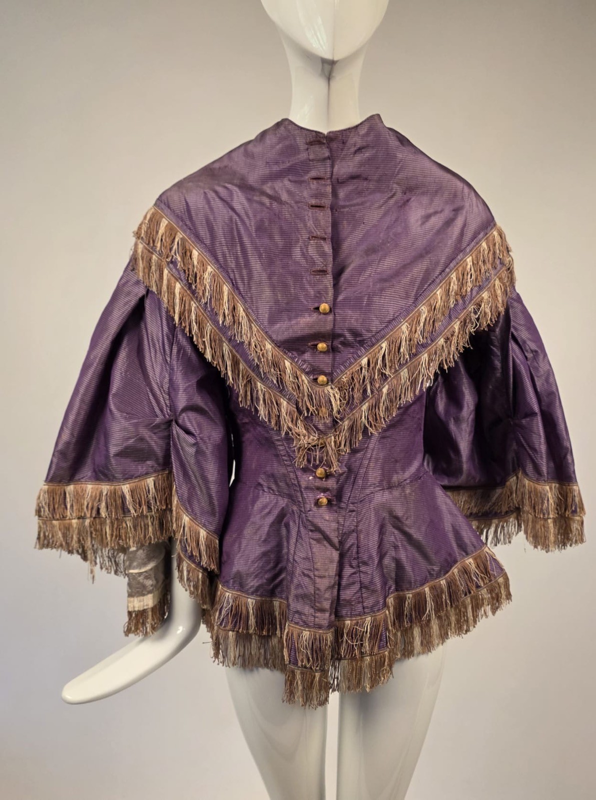 CIVIL WAR 1860’S PURPLE PINSTRIPED SILK TAFFETA BODICE W BELL PAGODA SLEEVES