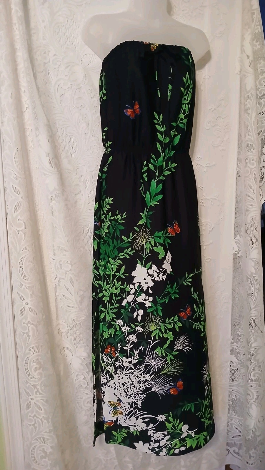 Vintage 80s Royal Palm Hawaiian Butterfly Floral Tube Top Black Maxi Dress S EUC