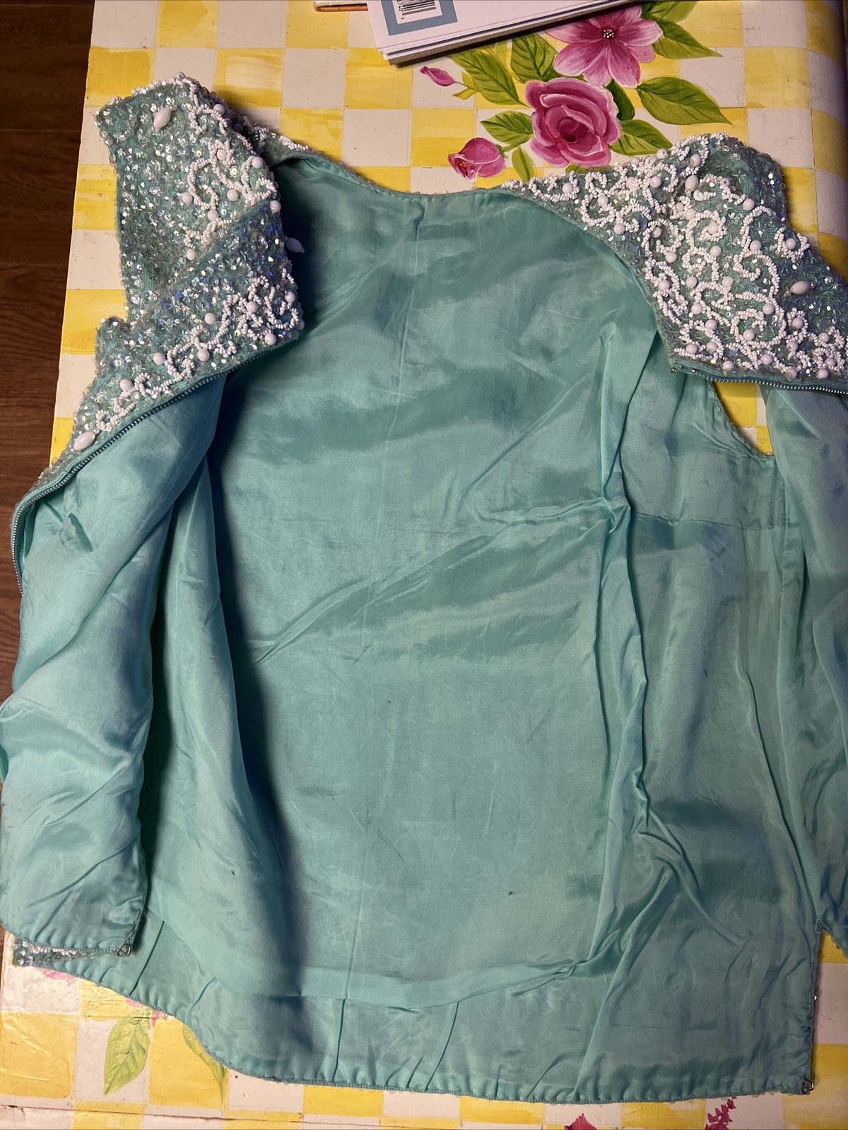 Vintage House of Gold Wool Heavily Blue Beaded Sequin Shirt Lined Zip Size 36