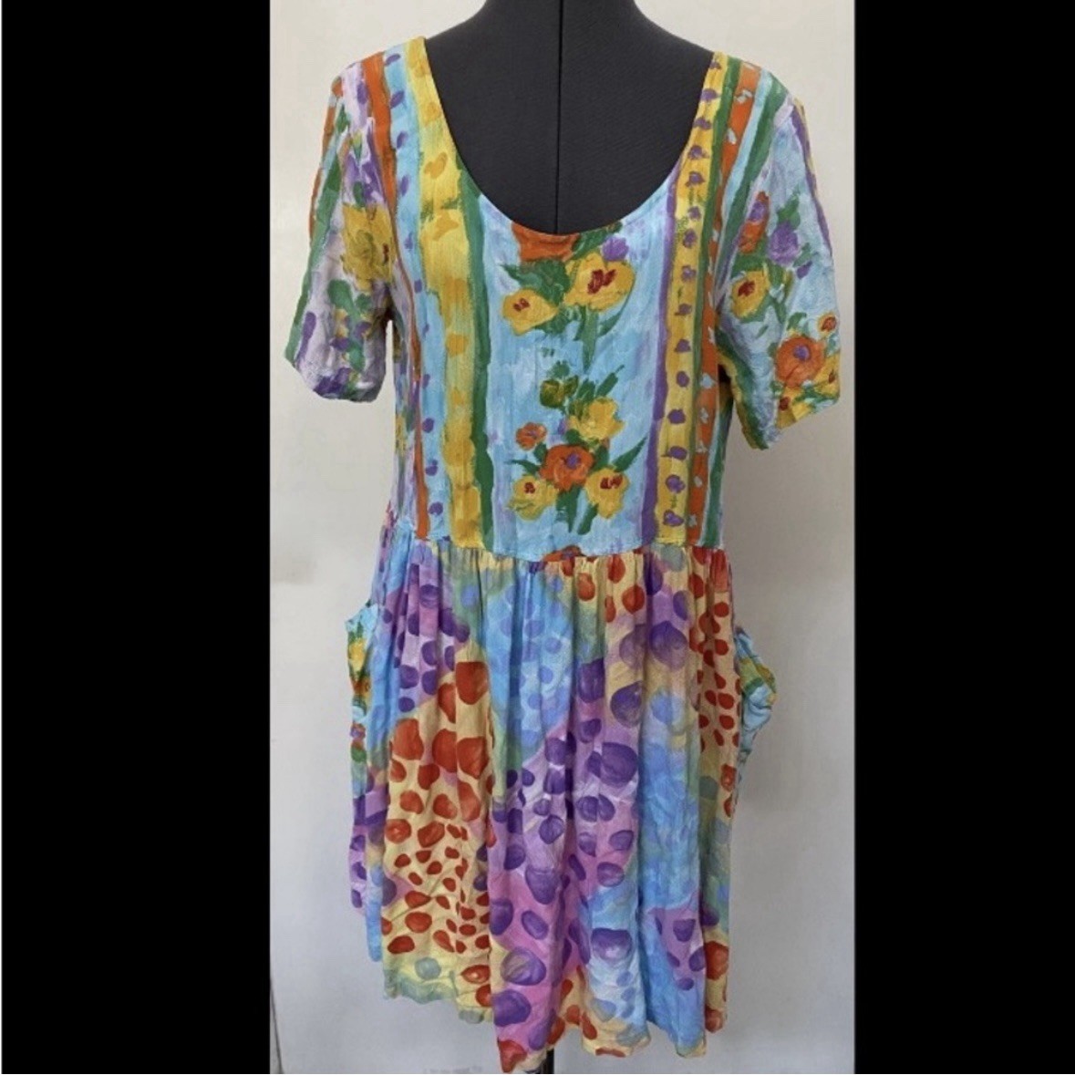 VINTAGE 1980s JAMS WORLD LIGHTWEIGHT RAYON HATTIE DRESS POLKA DOT AQUA POCKETS L
