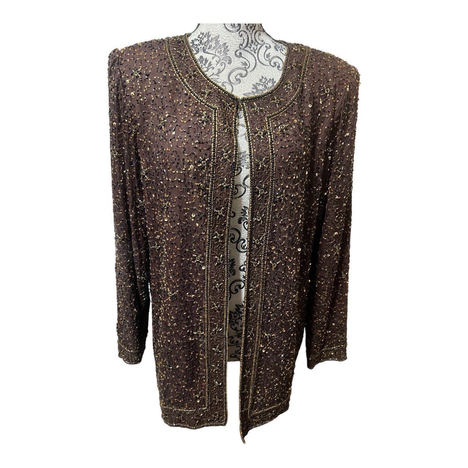 Vintage Stenay 100% Silk Beaded Sequin Jacket Women’s L Brown Formal Evening New