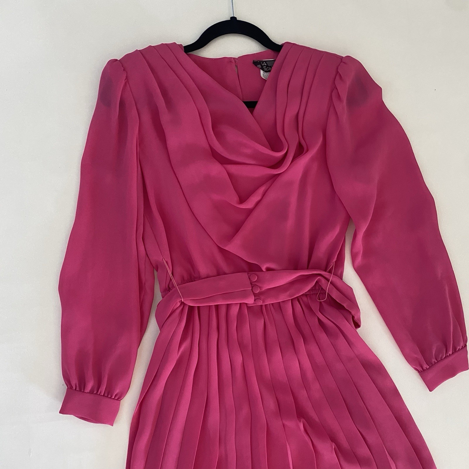 VTG Lisa Michaels Sz S/M Pink Chiffon Sheer Accordian Pleat Secretary Tea Dress