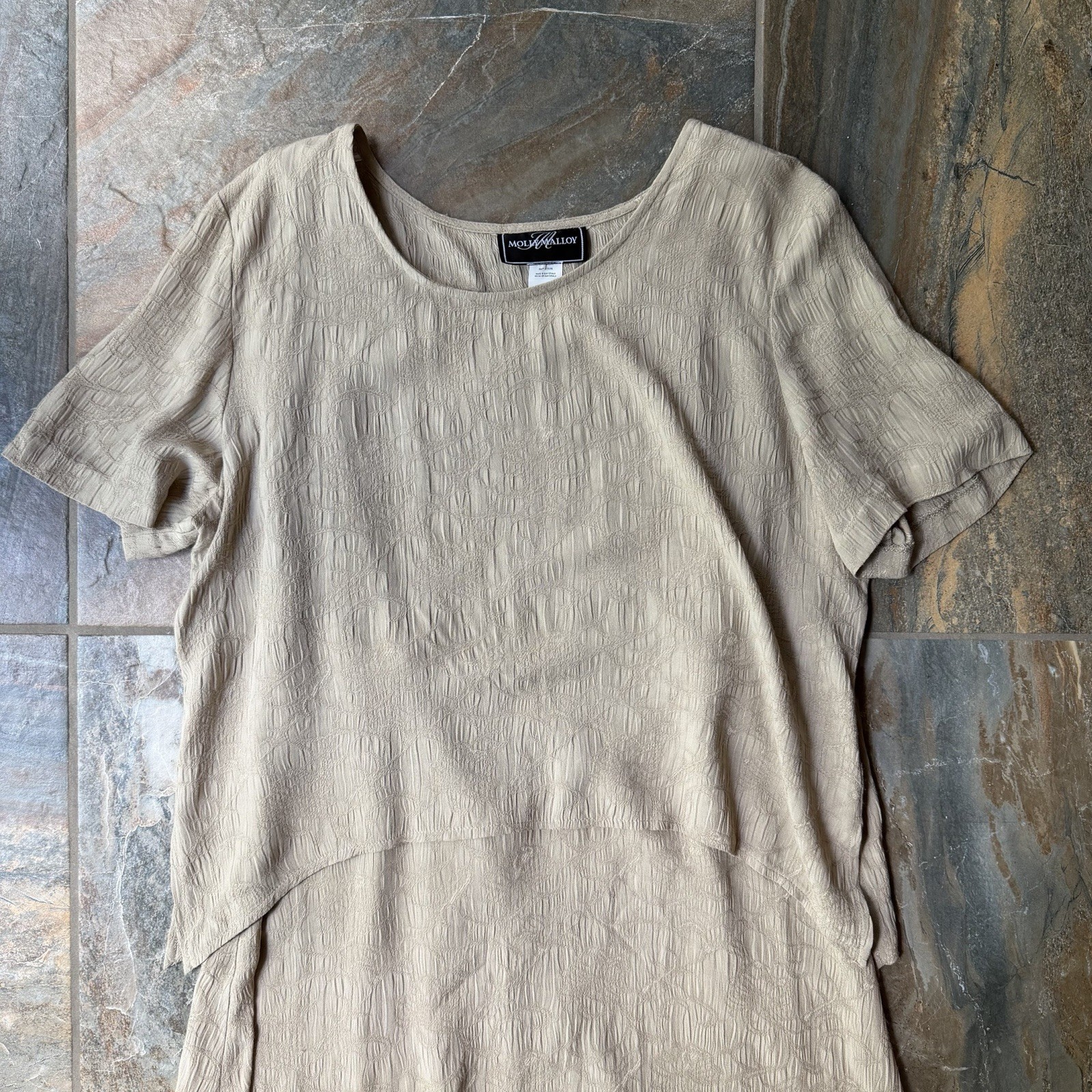 Vintage 90s Molly Malloy Crinkle Texture Dress Shirt Set Beige Neutral Size 12