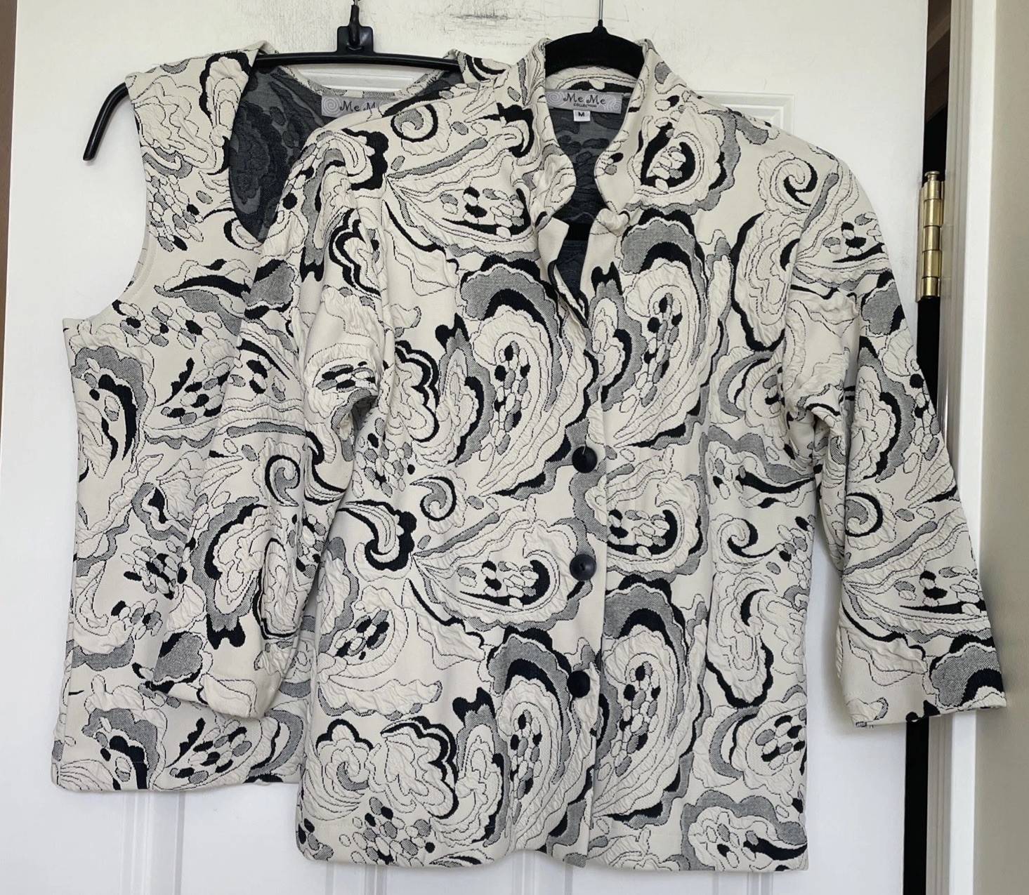Vtg Me Me Black Jacquard Paisley Set Size M 3/4 Sleeve Jacket Sleeveless Top