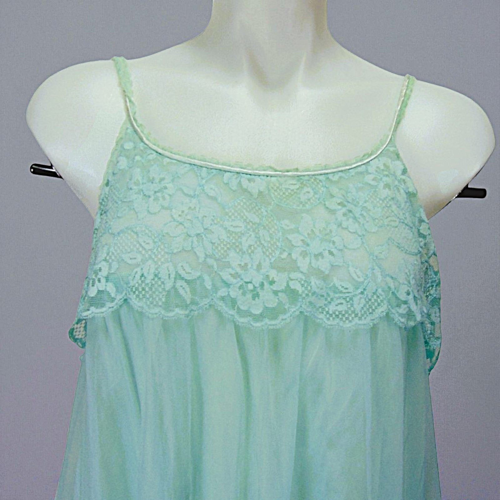 Vintage 1960s Van Raalte Aqua Chiffon Peignoir Set Lace Robe Nightgown Small