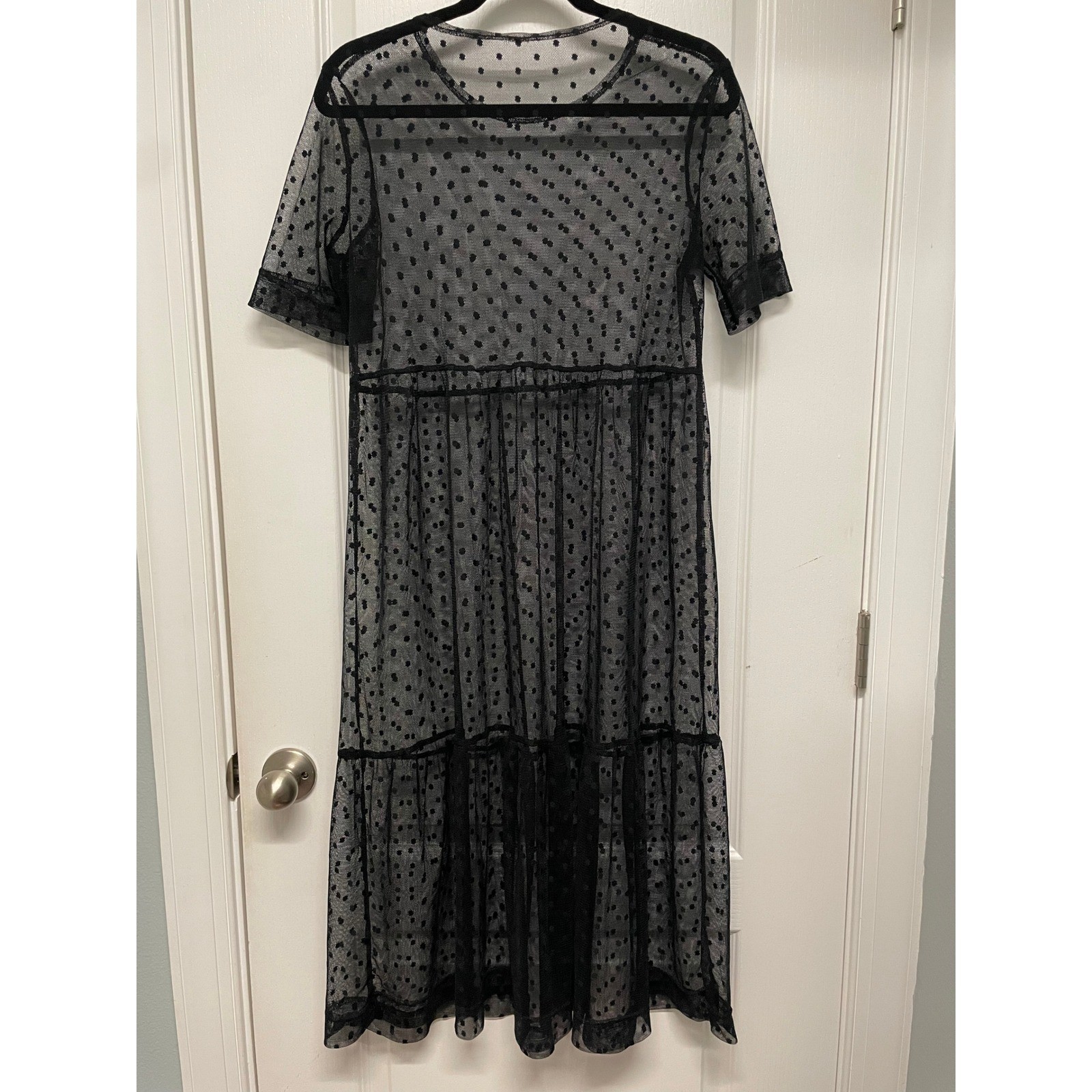 Black Swiss Dot Sheer Mesh Midi Dress Tiered Overlay Boho WhimsiGoth