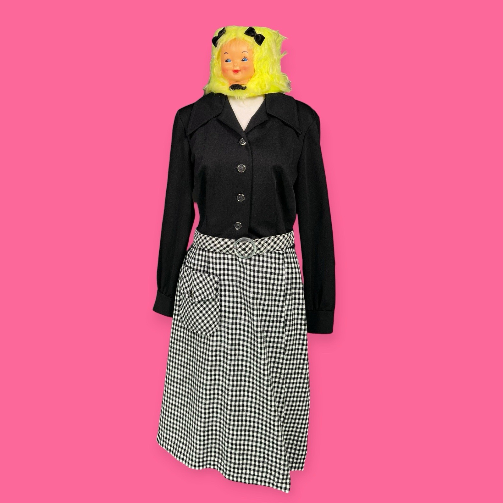 VINTAGE 1960s POLYESTER POP OP ART PLAID WRAP DRESS HIPPIE MOD DISCO GROOVY MCM