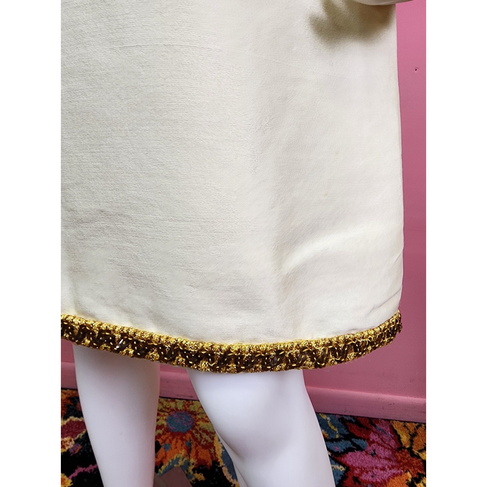 Vintage 1960’s Champagne Cream Gold Cord Trim Rhinestone Shift Dress I. Magnin