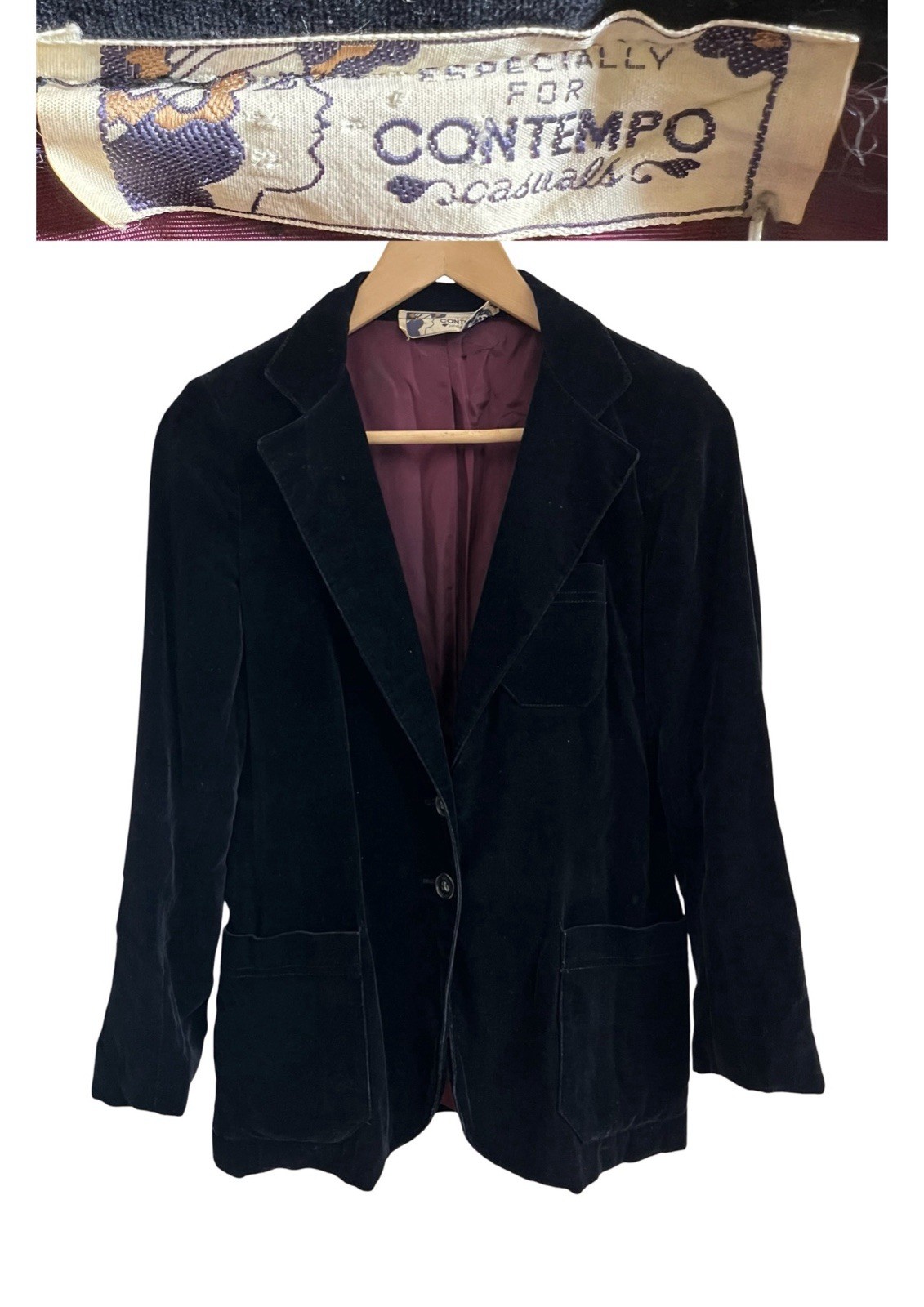VTG 1970s Contempo Casuals Black Velvet Blazer w Pockets Classic Vampy Goth Sz S