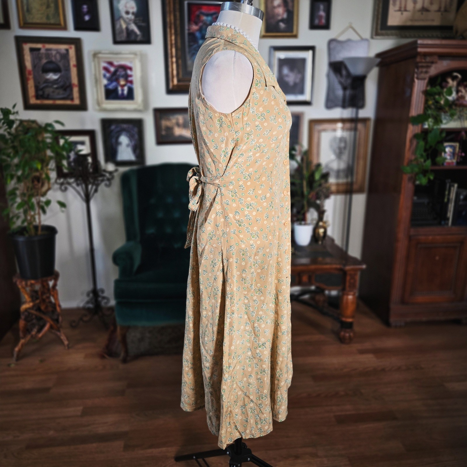 Vintage 40s Tan Silk Floral Day Dress Button Front Tea Dress WWII Era