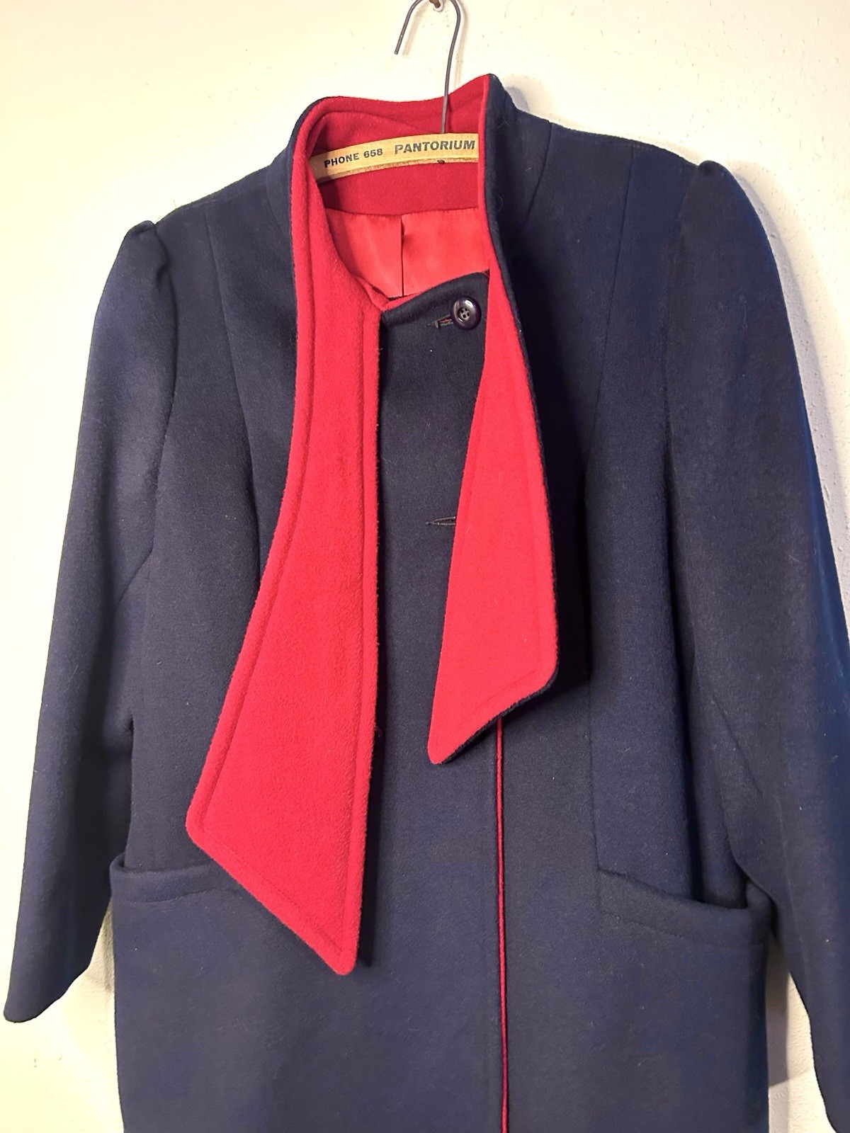 Vintage 1940s Central Park Forstmann Fabrics Wool Navy Dark Red Coat Tie Neck