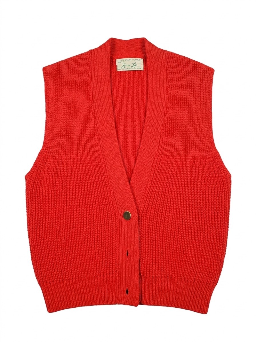 VTG 60s 70s Lana Lee Red Orlon Acrylic Sweater Vest Cardigan ILGWU Union Made S