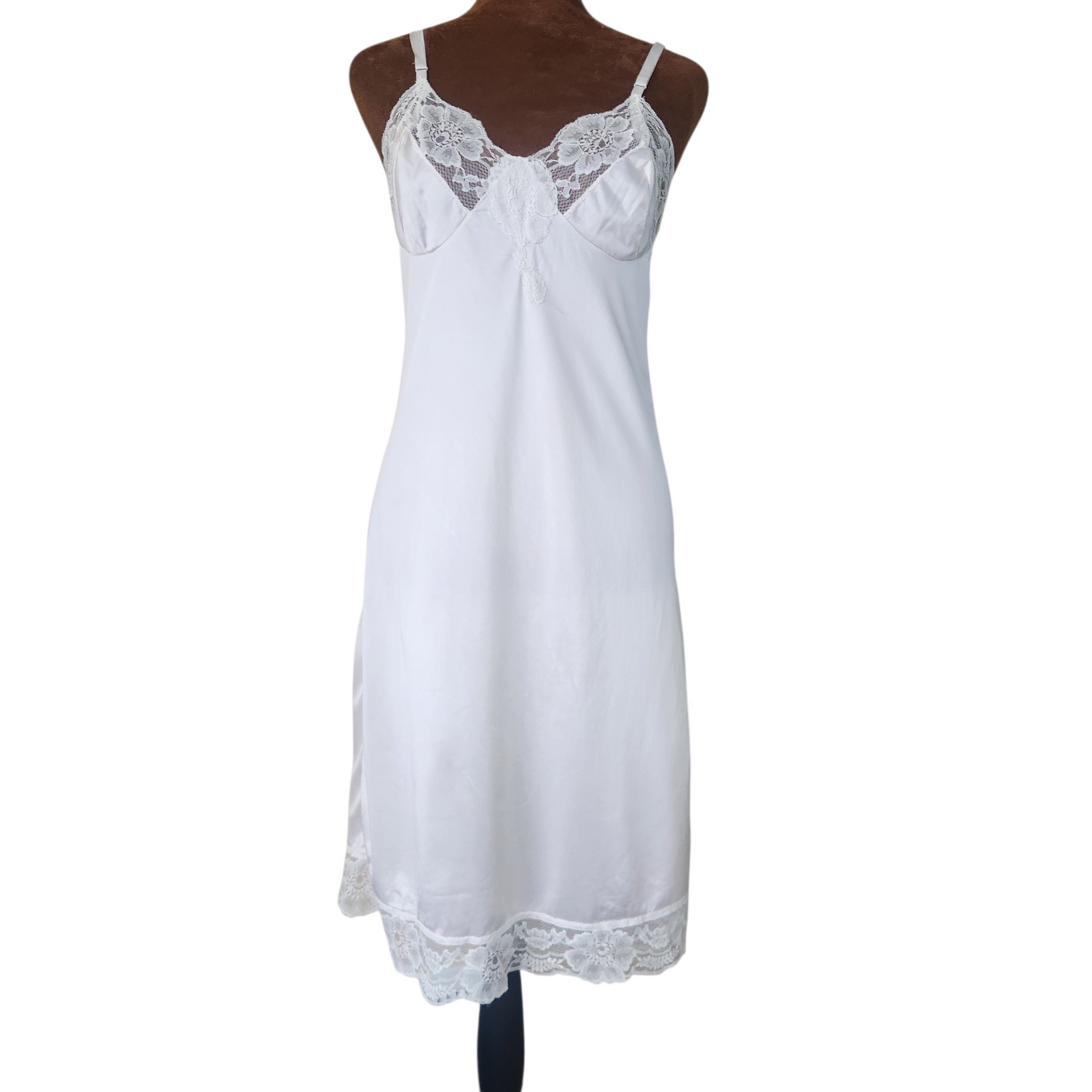 Kayser Vintage Slip Dress Floral Lace White Size 32 Adjustable Straps