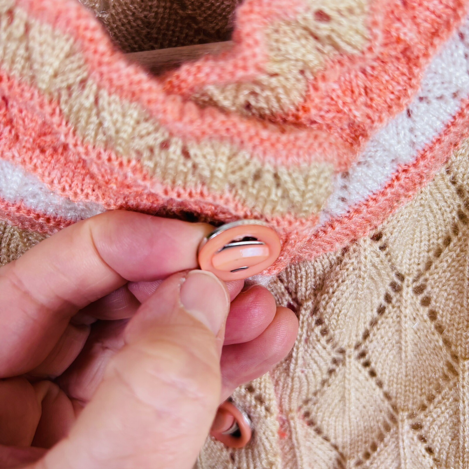 Vintage 70s Size Small Crochet Knit Button Down Tunic Length Cardigan Peach Tan