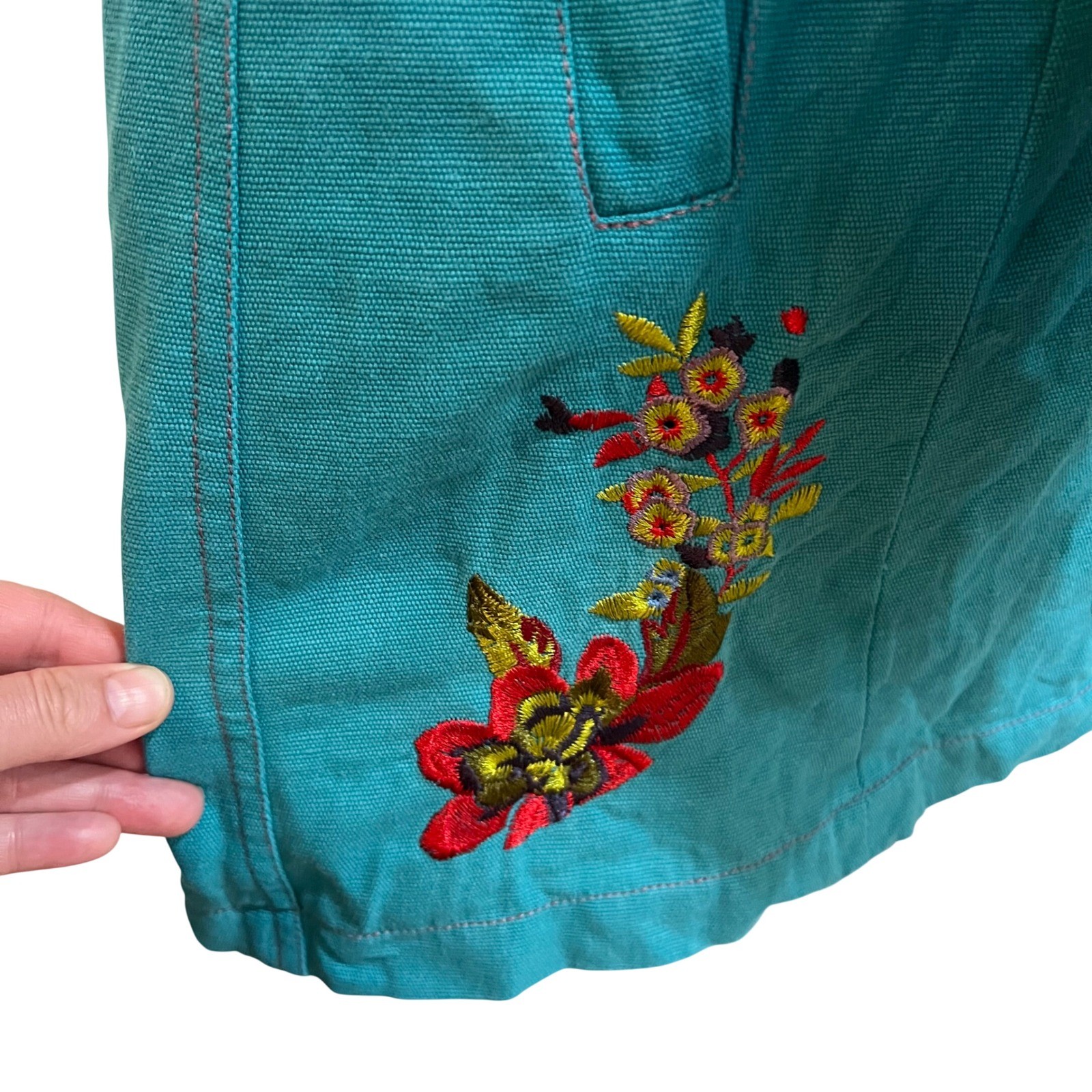 Vintage Tracy Porter Teal Cotton Canvas Floral Embroidered Boho Trench Coat L