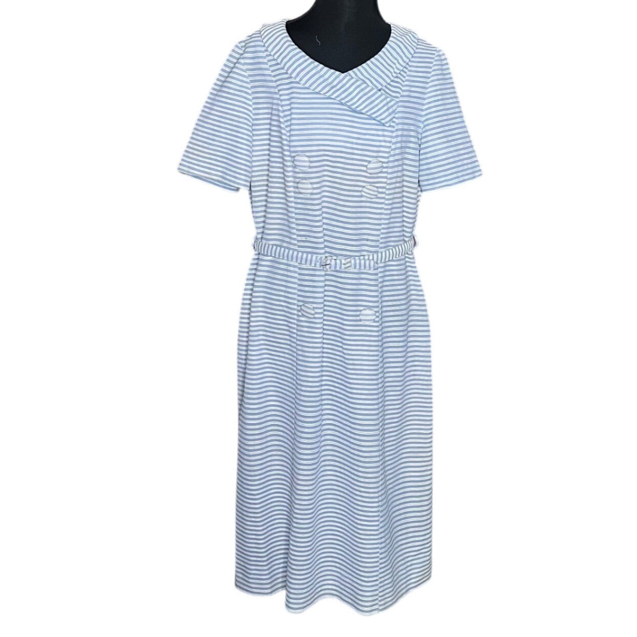Vintage ILGWU Union Made Blue White Striped Double Breasted Midi Dress Belted