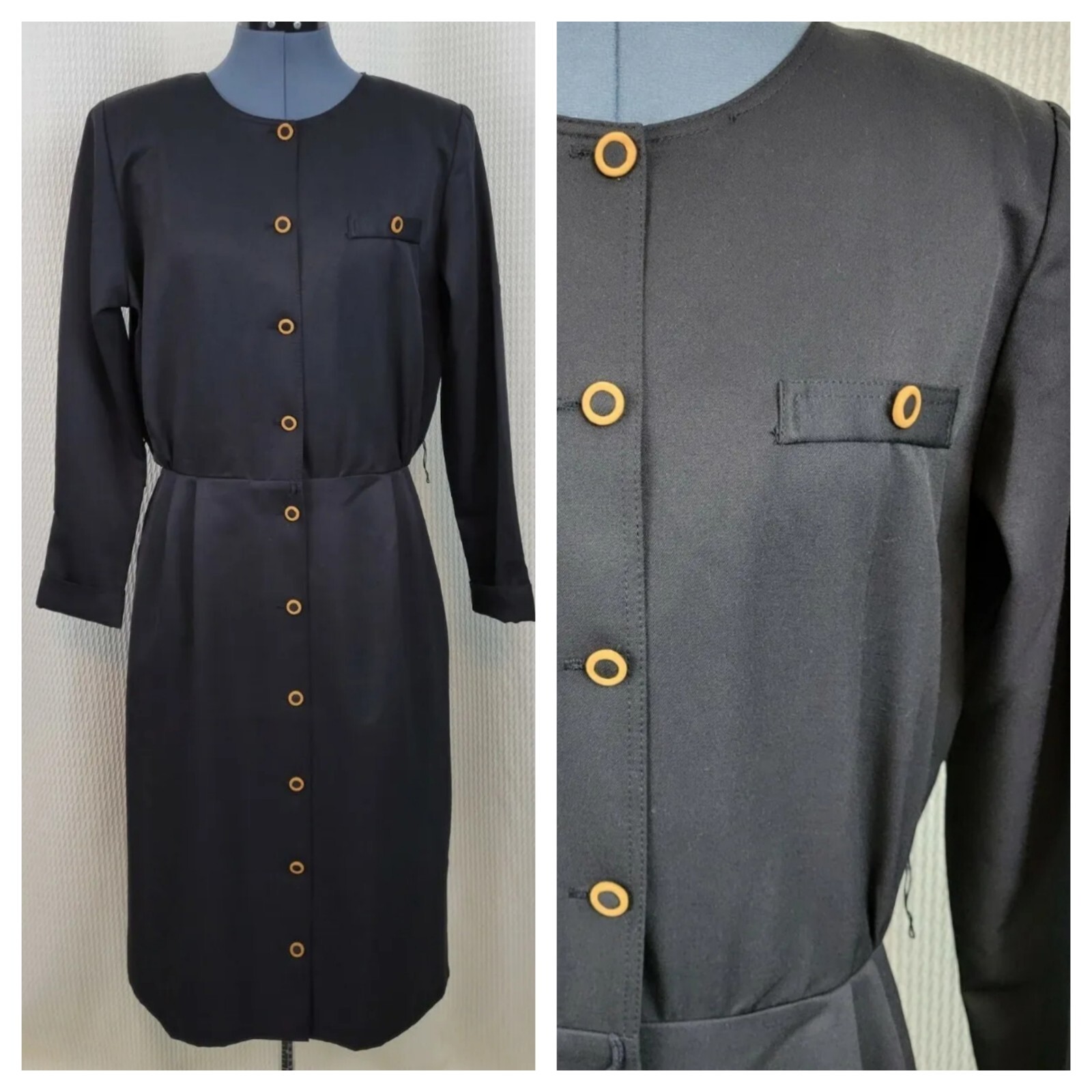 Vintage Sabino Black Dress w Full Button Down in Brown Accent Buttons Size 16